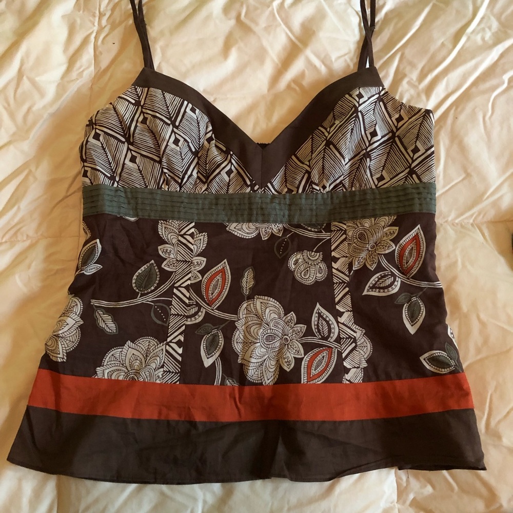 Cotton, earth-tone batik pattered camisole top.